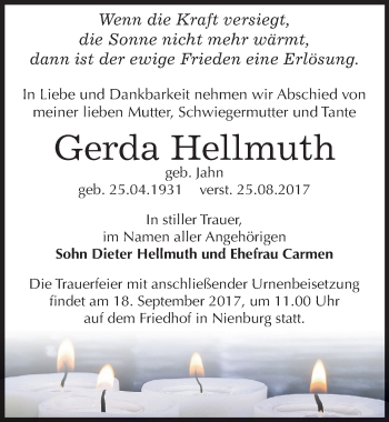 Traueranzeige von Gerda Hellmuth von Mitteldeutsche Zeitung Bernburg