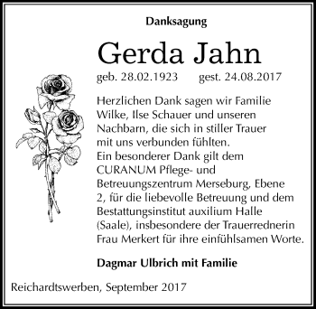 Traueranzeige von Gerda Jahn von Mitteldeutsche Zeitung Weißenfels