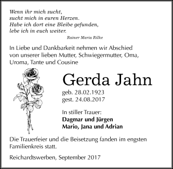 Traueranzeige von Gerda Jahn von Mitteldeutsche Zeitung Weißenfels