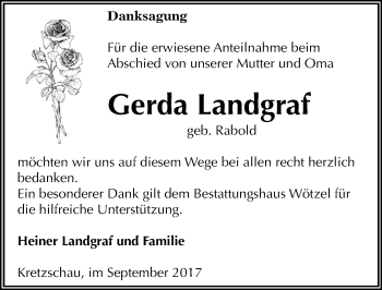 Traueranzeige von Gerda Landgraf von Mitteldeutsche Zeitung Zeitz