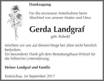 Traueranzeige von Gerda Landgraf von Super Sonntag Zeitz