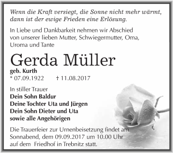 Traueranzeige von Gerda Müller von WVG - Wochenspiegel Merseburg