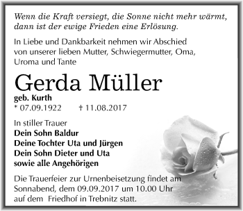 Traueranzeige von Gerda Müller von Mitteldeutsche Zeitung Merseburg/Querfurt