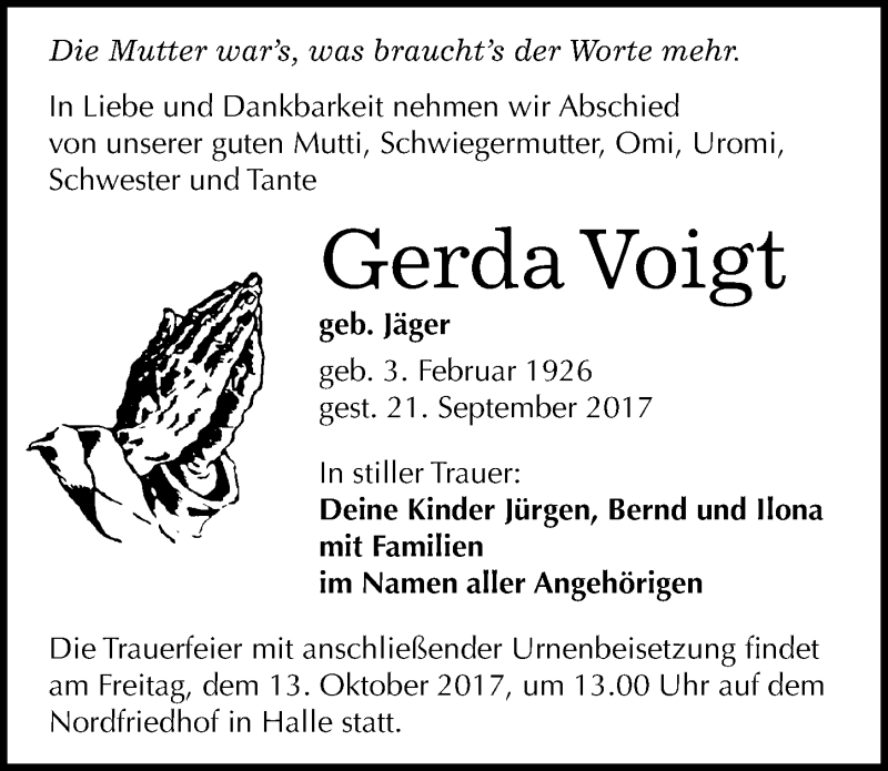  Traueranzeige für Gerda Voigt vom 23.09.2017 aus Mitteldeutsche Zeitung Halle/Saalkreis