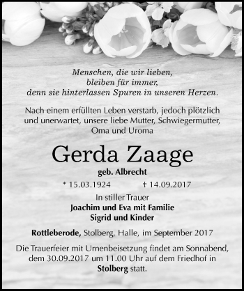 Traueranzeige von Gerda Zaage von Mitteldeutsche Zeitung Sangerhausen