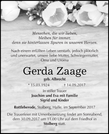 Traueranzeige von Gerda Zaage von Super Sonntag SGH Mansf. Land