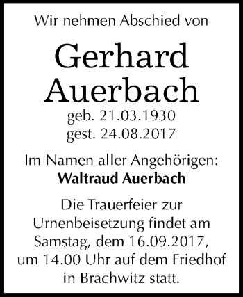 Traueranzeige von Gerhard Auerbach von Mitteldeutsche Zeitung Halle/Saalkreis
