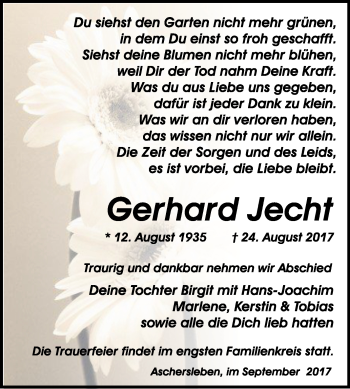 Traueranzeige von Gerhard Jecht von WVG - Wochenspiegel Quedlinburg