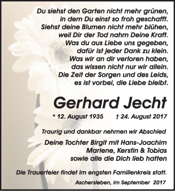 Traueranzeige von Gerhard Jecht von Mitteldeutsche Zeitung Aschersleben