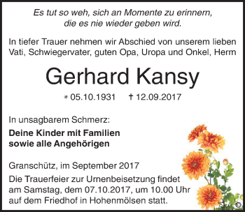 Traueranzeige von Gerhard Kansy von Mitteldeutsche Zeitung Weißenfels