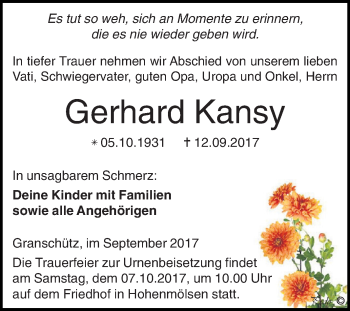 Traueranzeige von Gerhard Kansy von WVG - Wochenspiegel NMB / WSF / ZTZ