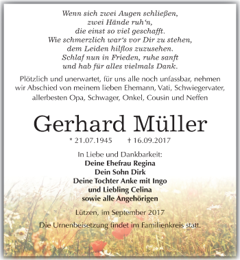 Traueranzeige von Gerhard Müller von Mitteldeutsche Zeitung Weißenfels