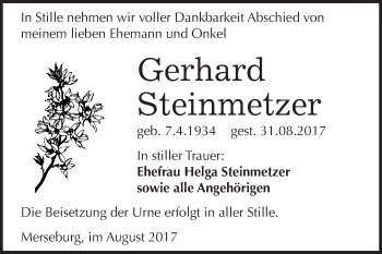 Traueranzeige von Gerhard Steinmetzer von WVG - Wochenspiegel Merseburg