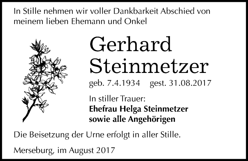  Traueranzeige für Gerhard Steinmetzer vom 02.09.2017 aus Mitteldeutsche Zeitung Merseburg/Querfurt