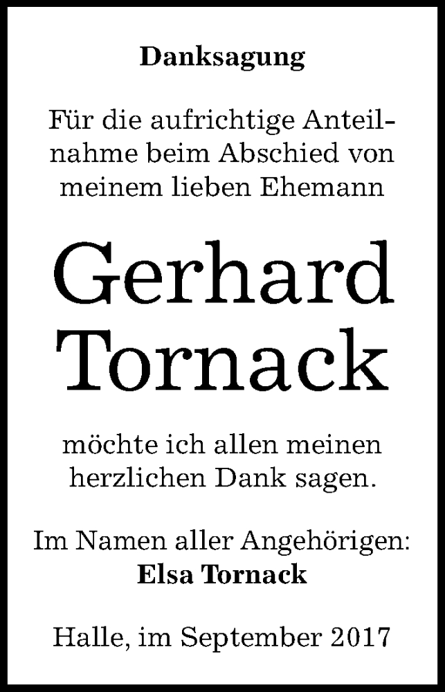  Traueranzeige für Gerhard Tornack vom 02.09.2017 aus Mitteldeutsche Zeitung Halle/Saalkreis
