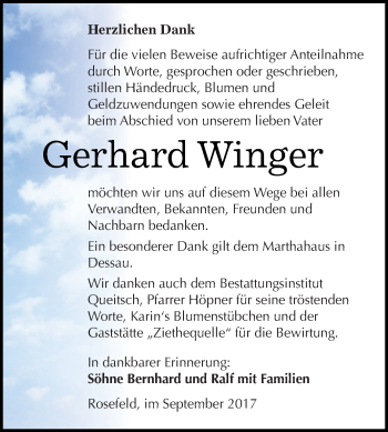 Traueranzeige von Gerhard Winger von WVG - Wochenspiegel Dessau / Köthen