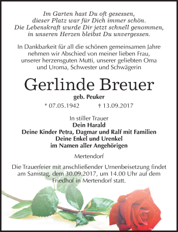 Traueranzeige von Gerlinde Breuer von Mitteldeutsche Zeitung Naumburg/Nebra