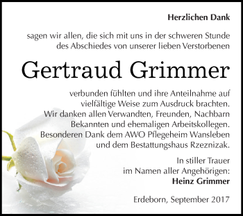 Traueranzeige von Gertraud Grimmer von Super Sonntag SGH Mansf. Land
