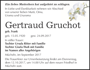 Traueranzeige von Gertraud Gruchot von WVG - Wochenspiegel Merseburg