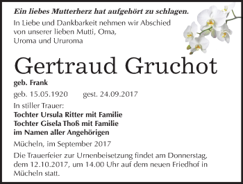 Traueranzeige von Gertraud Gruchot von Mitteldeutsche Zeitung Merseburg/Querfurt