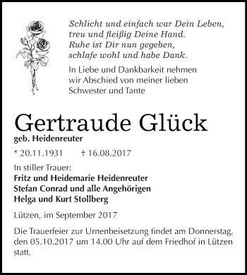 Traueranzeige von Gertraude Glück von Super Sonntag Merseburg