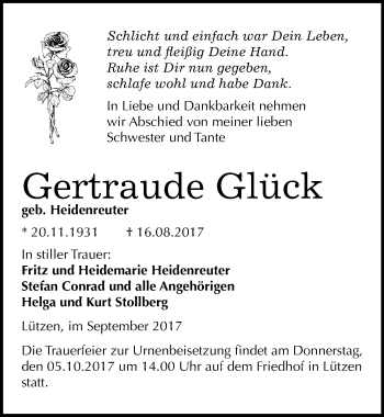 Traueranzeige von Gertraude Glück von Mitteldeutsche Zeitung Weißenfels