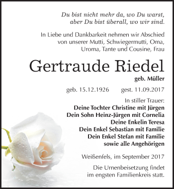 Traueranzeige von Gertraude Riedel von Mitteldeutsche Zeitung Weißenfels