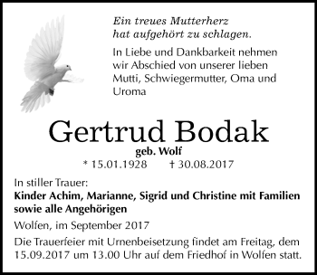Traueranzeige von Gertrud Bodak von Mitteldeutsche Zeitung Bitterfeld