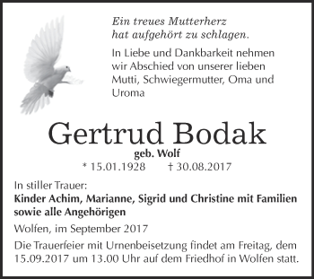 Traueranzeige von Gertrud Bodak von WVG - Wochenspiegel Bitterfeld