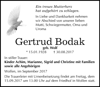 Traueranzeige von Gertrud Bodak von Mitteldeutsche Zeitung Bitterfeld