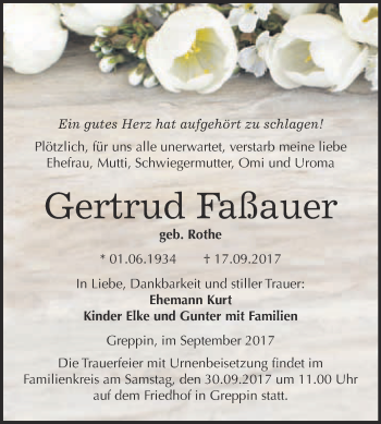 Traueranzeige von Gertrud Faßauer von WVG - Wochenspiegel Bitterfeld