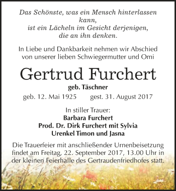 Traueranzeige von Gertrud Furchert von Mitteldeutsche Zeitung Halle/Saalkreis