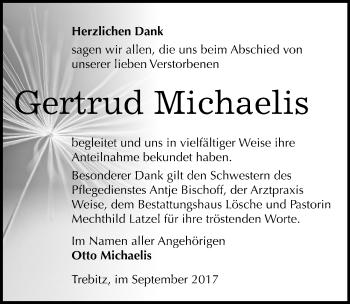 Traueranzeige von Gertrud Michaelis von Mitteldeutsche Zeitung Wittenberg