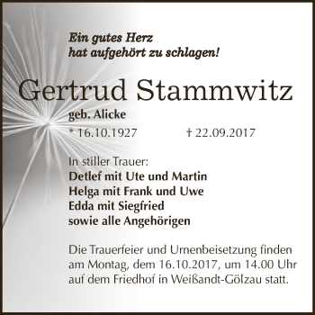 Traueranzeige von Gertrud Stammwitz von WVG - Wochenspiegel Dessau / Köthen