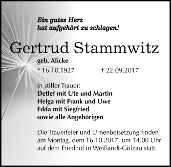 Traueranzeige von Gertrud Stammwitz von Mitteldeutsche Zeitung Köthen