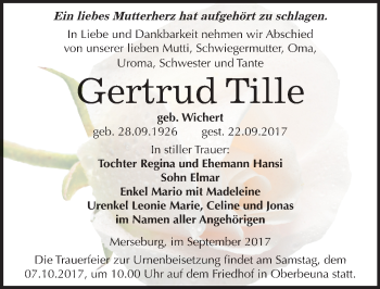 Traueranzeige von Gertrud Tille von Mitteldeutsche Zeitung Merseburg/Querfurt