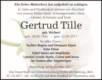 Traueranzeige von Gertrud Tille von WVG - Wochenspiegel Merseburg