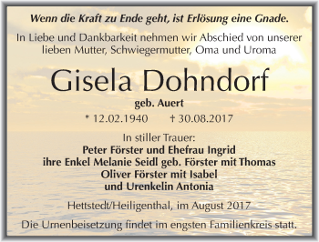 Traueranzeige von Gisela Dohndorf von Mitteldeutsche Zeitung Mansfelder Land