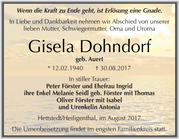 Traueranzeige von Gisela Dohndorf von Wochenspiegel Mansfelder Land
