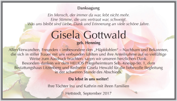 Traueranzeige von Gisela Gottwald von Mitteldeutsche Zeitung Mansfelder Land
