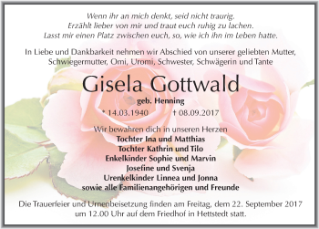 Traueranzeige von Gisela Gottwald von Mitteldeutsche Zeitung Mansfelder Land