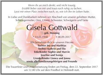 Traueranzeige von Gisela Gottwald von Super Sonntag SGH Mansf. Land