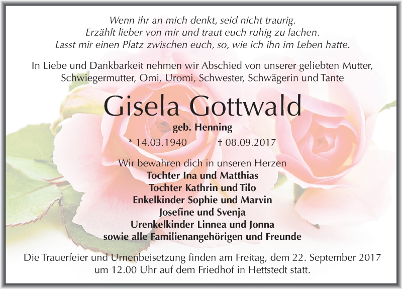  Traueranzeige für Gisela Gottwald vom 14.09.2017 aus Mitteldeutsche Zeitung Mansfelder Land