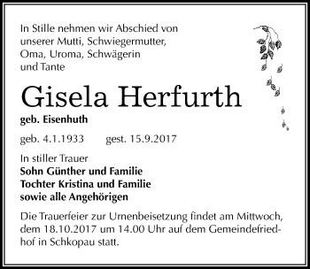 Traueranzeige von Gisela Herfurth von Mitteldeutsche Zeitung Merseburg/Querfurt