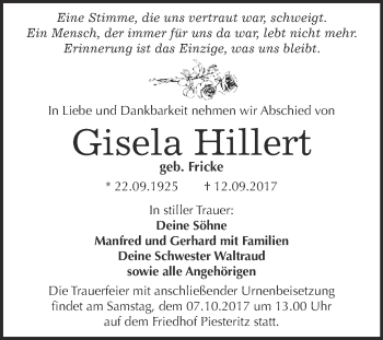Traueranzeige von Gisela Hillert von WVG - Wochenspiegel Wittenberg