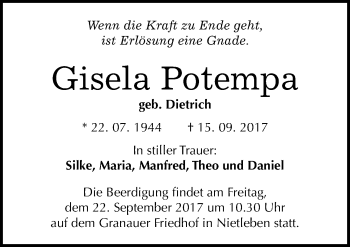 Traueranzeige von Gisela Potempa von Mitteldeutsche Zeitung Halle/Saalkreis