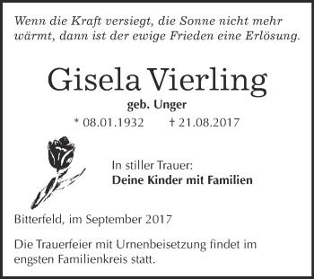 Traueranzeige von Gisela Vierling von WVG - Wochenspiegel Bitterfeld