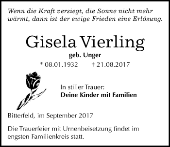 Traueranzeige von Gisela Vierling von Mitteldeutsche Zeitung Bitterfeld