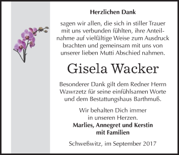 Traueranzeige von Gisela Wacker von Mitteldeutsche Zeitung Weißenfels