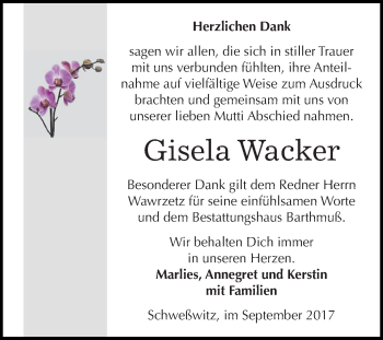 Traueranzeige von Gisela Wacker von WVG - Wochenspiegel NMB / WSF / ZTZ